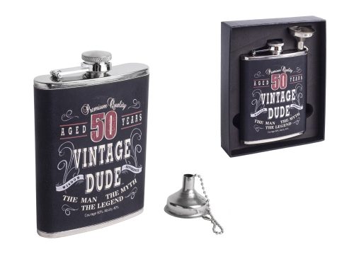 STAINLESS STEEL HIP FLASK IN BLACK FAUX LEATHER WITH VINTAGE DUDE 50 YEARS LETTERING