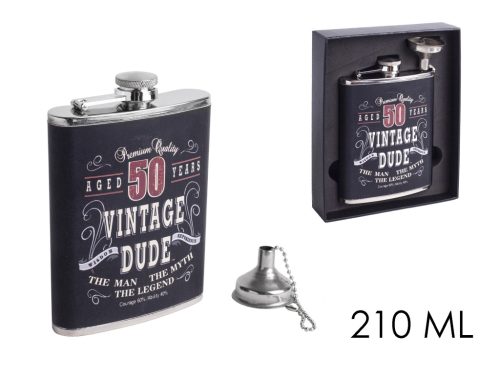 STAINLESS STEEL HIP FLASK IN BLACK FAUX LEATHER WITH VINTAGE DUDE 50 YEARS LETTERING