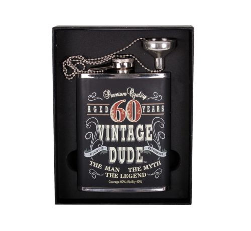 K202237 STAINLESS STEEL HIP FLASK IN BLACK FAUX LEATHER WITH VINTAGE DUDE 60 YEARS LETTERING