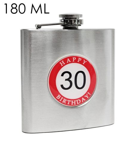 STAINLESS STEEL HIP FLASK WITH HAPPY 30 BIRTHDAY LETTERING