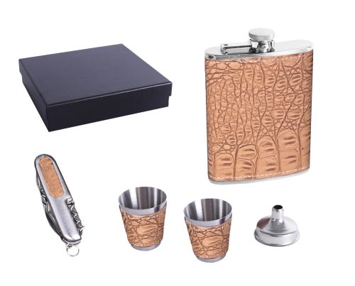 STAINLESS STEEL HIP FLASK GIFT SET IN GIFT BOX, SET OF 4 - HIP FLASK AND 2 CUPS, FUNNEL AND POCKET KNIFE