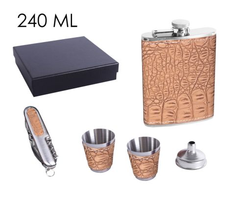 STAINLESS STEEL HIP FLASK GIFT SET IN GIFT BOX, SET OF 4 - HIP FLASK AND 2 CUPS, FUNNEL AND POCKET KNIFE