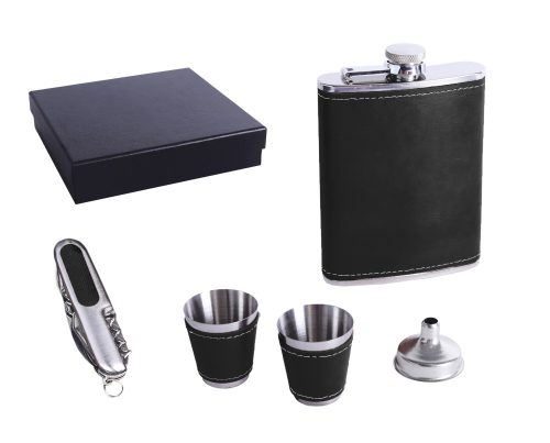 K202308 STAINLESS STEEL HIP FLASK GIFT SET IN GIFT BOX, BLACK FAUX LEATHER , SET OF 5 - HIP FLASK AND 2 CUPS AND FUNNEL AND KNIFE