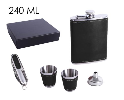 STAINLESS STEEL HIP FLASK GIFT SET IN GIFT BOX, BLACK FAUX LEATHER , SET OF 5 - HIP FLASK AND 2 CUPS AND FUNNEL AND KNIFE