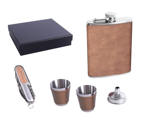 STAINLESS STEEL HIP FLASK GIFT SET IN GIFT BOX, BROWN FAUX LEATHER , SET OF 5 - HIP FLASK AND 2 CUPS AND FUNNEL AND KNIFE