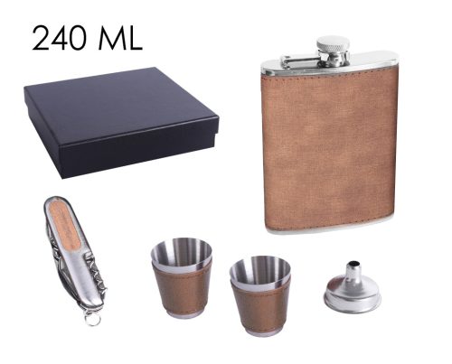 STAINLESS STEEL HIP FLASK GIFT SET IN GIFT BOX, BROWN FAUX LEATHER , SET OF 5 - HIP FLASK AND 2 CUPS AND FUNNEL AND KNIFE