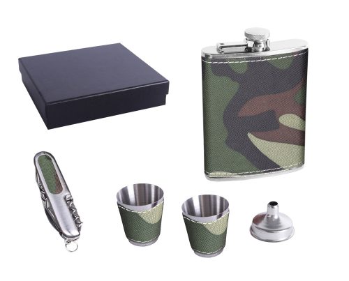 K202310 STAINLESS STEEL HIP FLASK GIFT SET IN GIFT BOX, CAMO PATTERN TEXTILE, SET OF 5 - HIP FLASK AND 2 CUPS AND FUNNEL AND KNIFE