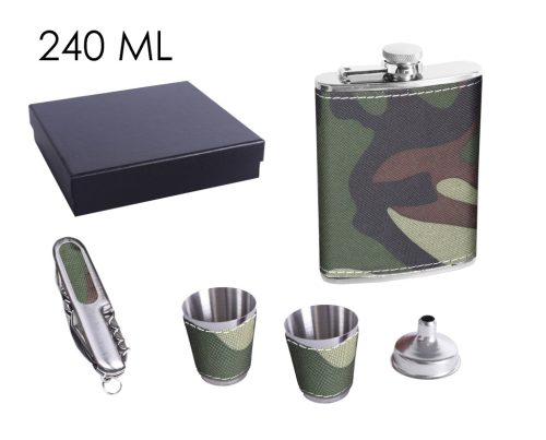 STAINLESS STEEL HIP FLASK GIFT SET IN GIFT BOX, CAMO PATTERN TEXTILE, SET OF 5 - HIP FLASK AND 2 CUPS AND FUNNEL AND KNIFE