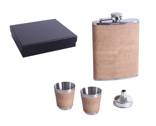 STAINLESS STEEL HIP FLASK GIFT SET IN GIFT BOX, BROWN TEXTILE, SET OF 4 - HIP FLASK AND 2 CUPS AND FUNNEL