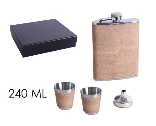 STAINLESS STEEL HIP FLASK GIFT SET IN GIFT BOX, BROWN TEXTILE, SET OF 4 - HIP FLASK AND 2 CUPS AND FUNNEL