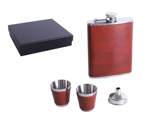 K202329 STAINLESS STEEL HIP FLASK GIFT SET IN GIFT BOX, RED FAUX LEATHER, SET OF 4 - HIP FLASK AND 2 CUPS AND FUNNEL