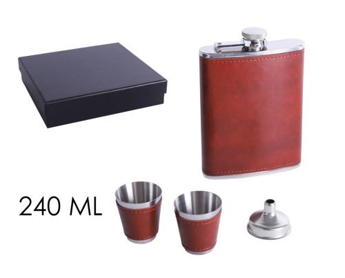 STAINLESS STEEL HIP FLASK GIFT SET IN GIFT BOX, RED FAUX LEATHER, SET OF 4 - HIP FLASK AND 2 CUPS AND FUNNEL