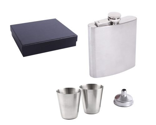 STAINLESS STEEL HIP FLASK GIFT SET IN GIFT BOX, WHITE FAUX LEATHER, SET OF 4 - HIP FLASK AND 2 CUPS AND FUNNEL