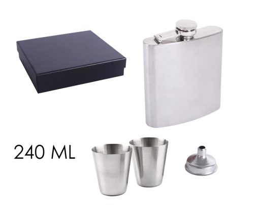 STAINLESS STEEL HIP FLASK GIFT SET IN GIFT BOX, WHITE FAUX LEATHER, SET OF 4 - HIP FLASK AND 2 CUPS AND FUNNEL