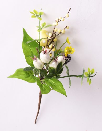 ARTIFICIAL FLOWER EASTER EGGS PICK WITH BERRIES AND CONE, YELLOW