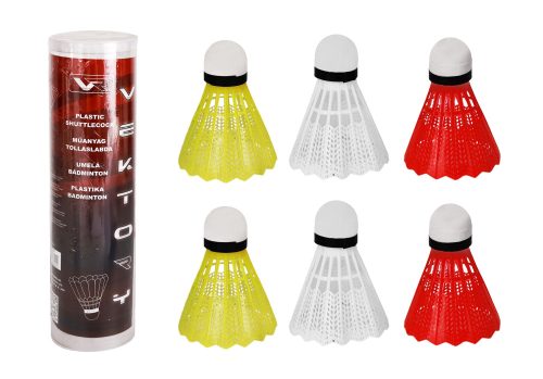 K730137 SHUTTLECOCK IN PVC TUBE, SET OF 6, WHITE HEAD AND COLOURED NYLON SKIRT