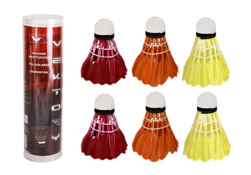 SHUTTLECOCK IN PVC TUBE, SET OF 6, WHITE HEAD AND COLOURED FEATHERS SKIRT