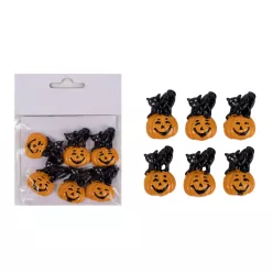   POLIREZIN HALLOWEEN TÖK, MACSKÁVAL, 6 DARABOS SZETT, ÖNTAPADÓS, FEKETE NARANCSSÁRGA