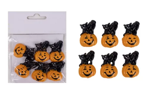 POLIREZIN HALLOWEEN TÖK, MACSKÁVAL, 6 DARABOS SZETT, ÖNTAPADÓS, FEKETE NARANCSSÁRGA