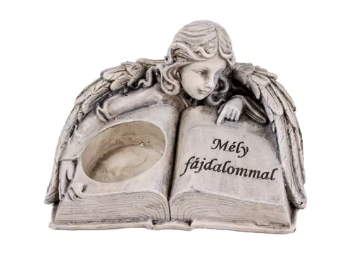 POLIREZIN MÉCSESTARTÓ, KÖNYVÖN ANGYAL, MÉLY FÁJDALOMMAL FELIRAT, SZÜRKE