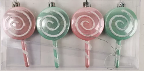 KARÁCSONYFA DÍSZ, AKASZTÓS, NYALÓKA, SZETTBEN, 4 DARABOS, GLITTERES, RÓZSASZÍN ÉS TÜRKIZ