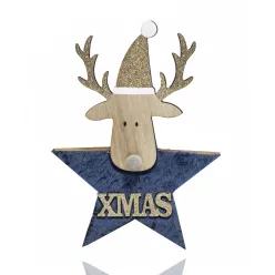 DEKOR FA CSILLAG RÉNSZARVASSAL, CHRISTMAS FELIRATTAL, KÉK