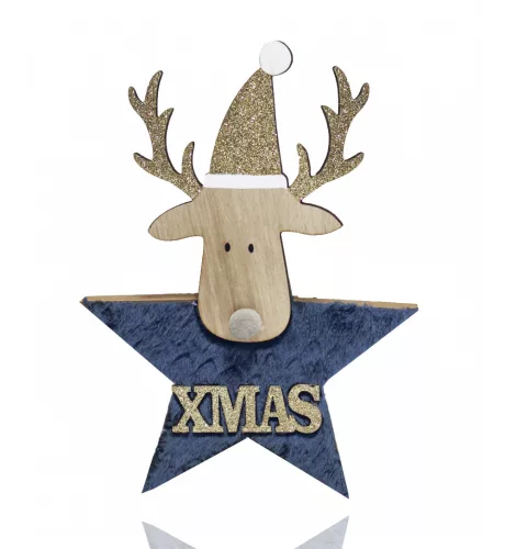 DEKOR FA CSILLAG RÉNSZARVASSAL, CHRISTMAS FELIRATTAL, KÉK