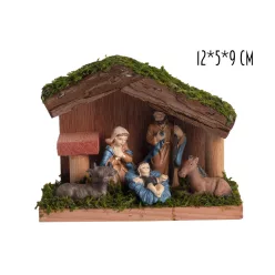 POLIREZIN BETLEHEM, FA HÁZZAL, 5 FIGURA, MOHÁS, BARNA