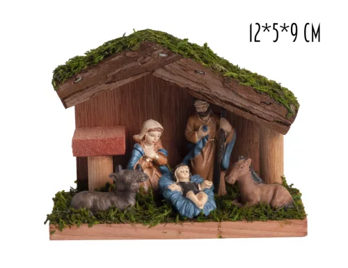POLIREZIN BETLEHEM, FA HÁZZAL, 5 FIGURA, MOHÁS, BARNA
