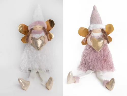 TEXTIL ANGYAL, ÁLLÓ, LÓGÓ LÁBBAL, ARANY SZÍVVEL, FEHÉR VAGY MÁLYVA