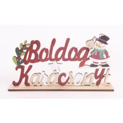 FA FELIRAT BOLDOG KARÁCSONYT, HÓEMBERREL, NATÚR ÉS PIROS
