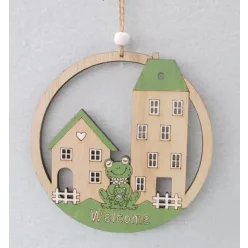   FA KASZTÓS KÖRBEN 2 HÁZ ÉS BÉKA, WELCOME FELIRAT, NATÚR ÉS ZÖLD