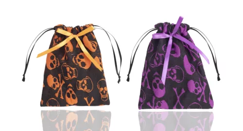 TEXTIL SZÜTYŐ HALÁLFEJES MINTÁVAL, NARANCSSÁRGA/LILA, FEKETE