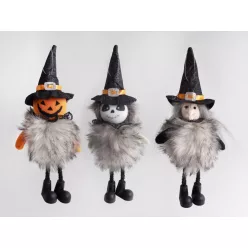   TEXTIL AKASZTÓS HALLOWEEN FIGURÁK, LÓGÓ LÁBBAL, SZŐRÖS TESTTEL, SÜVEGBEN, FEKETE