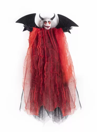 TEXTIL AKASZTÓS HALLOWEEN ÖRDÖG, PIROS LEPEL RUHÁBAN, DENEVÉR SZÁRNNYAL