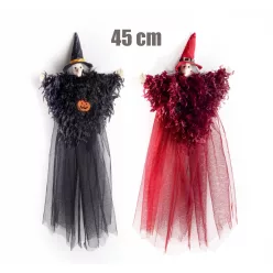   TEXTIL AKASZTÓS HALLOWEEN BOSZORKÁNY, SZŐRME/TÜLL LEPELBEN, FEKETE/PIROS