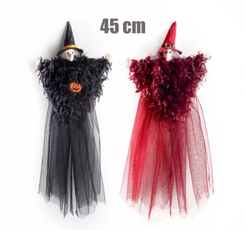 TEXTIL AKASZTÓS HALLOWEEN BOSZORKÁNY, SZŐRME/TÜLL LEPELBEN, FEKETE/PIROS