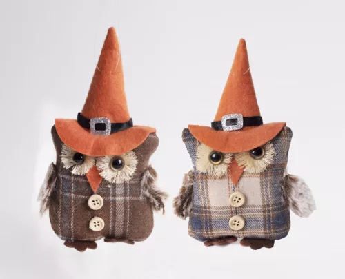 TEXTIL AKASZTÓS BAGOLY, KOCKÁS RUHÁBAN, NARANCSSÁRGA SÜVEGBEN