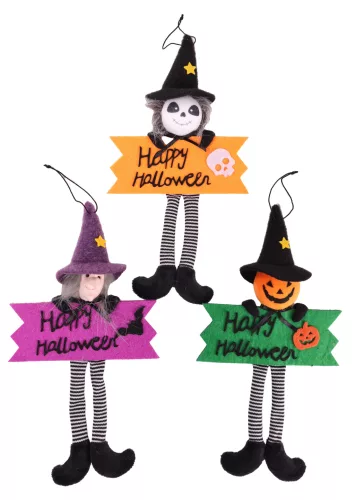 TEXTIL AKASZTÓS HALLOWEEN FIGURA, HAPPY HALLOWEEN TÁBLÁVAL