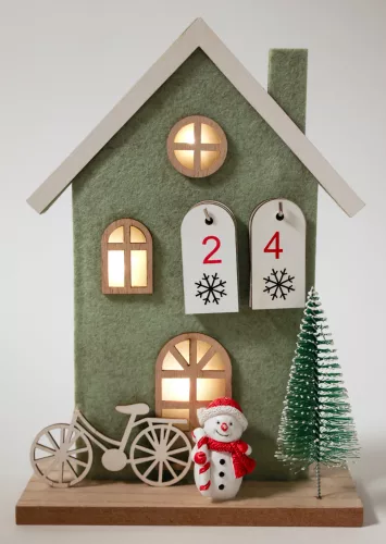 FILC HÁZ LEDDEL, ADVENTI NAPTÁR, FENYŐVEL, HÓEMBERREL, ZÖLD