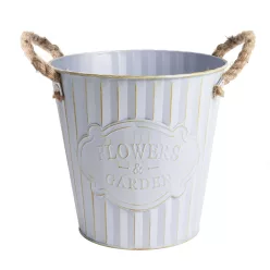   BÁDOG KASPÓ, FLOWERS&GARDEN FELIRATTAL, KÖTÉL FÜLLEL, VILÁGOSKÉK