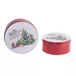   BÁDOG DOBOZ, 2 DARABOS, KÖR ALAKÚ, FENYŐFÁS MERRY CHRISTMAS