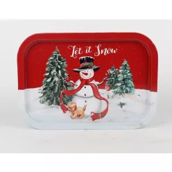   BÁDOG TÁLCA, TÉGLALAP ALAKÚ, LET IT SNOW FELIRATTAL, HÓEMBER