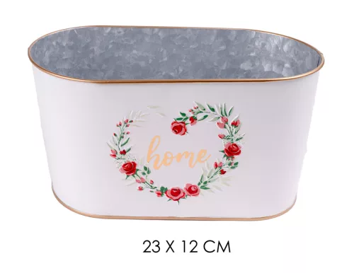 BÁDOG KASPÓ, OVÁL, RÓZSA MINTÁS, HOME FELIRATTAL, FEHÉR