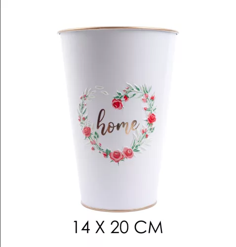 BÁDOG VÁZA, RÓZSA MINTÁS, HOME FELIRATTAL, FEHÉR