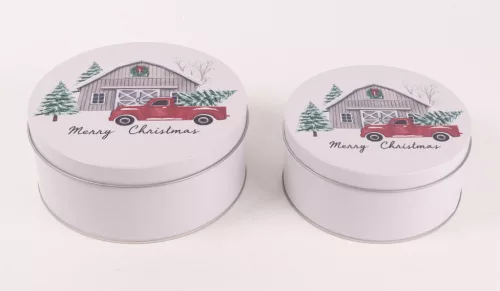 BÁDOG DOBOZ, 2 RÉSZES, AUTÓ ÉS FENYŐFA MINTÁS, MERRY CHRISTMAS FELIRATTAL