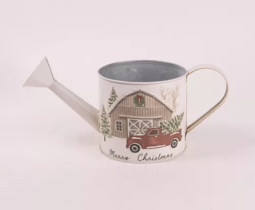 BÁDOG ÖNTÖZŐ KANNA, AUTÓ ÉS FENYŐFA MINTÁS, MERRY CHRISTMAS FELIRATTAL