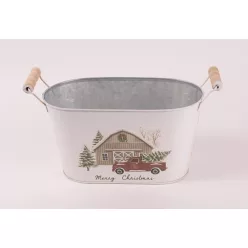   BÁDOG KASPÓ, OVÁLIS ALAKÚ, 2 FÜLLEL, AUTÓ ÉS FENYŐFA MINTÁS, MERRY CHRISTMAS FELIRATTAL