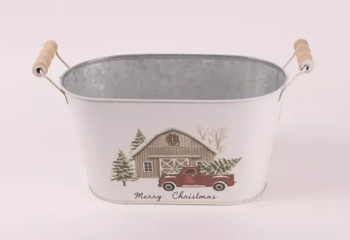BÁDOG KASPÓ, OVÁLIS ALAKÚ, 2 FÜLLEL, AUTÓ ÉS FENYŐFA MINTÁS, MERRY CHRISTMAS FELIRATTAL