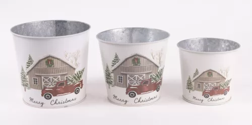 BÁDOG KASPÓ, 3 RÉSZES, AUTÓ ÉS FENYŐFA MINTÁS, MERRY CHRISTMAS FELIRATTAL MINTÁS